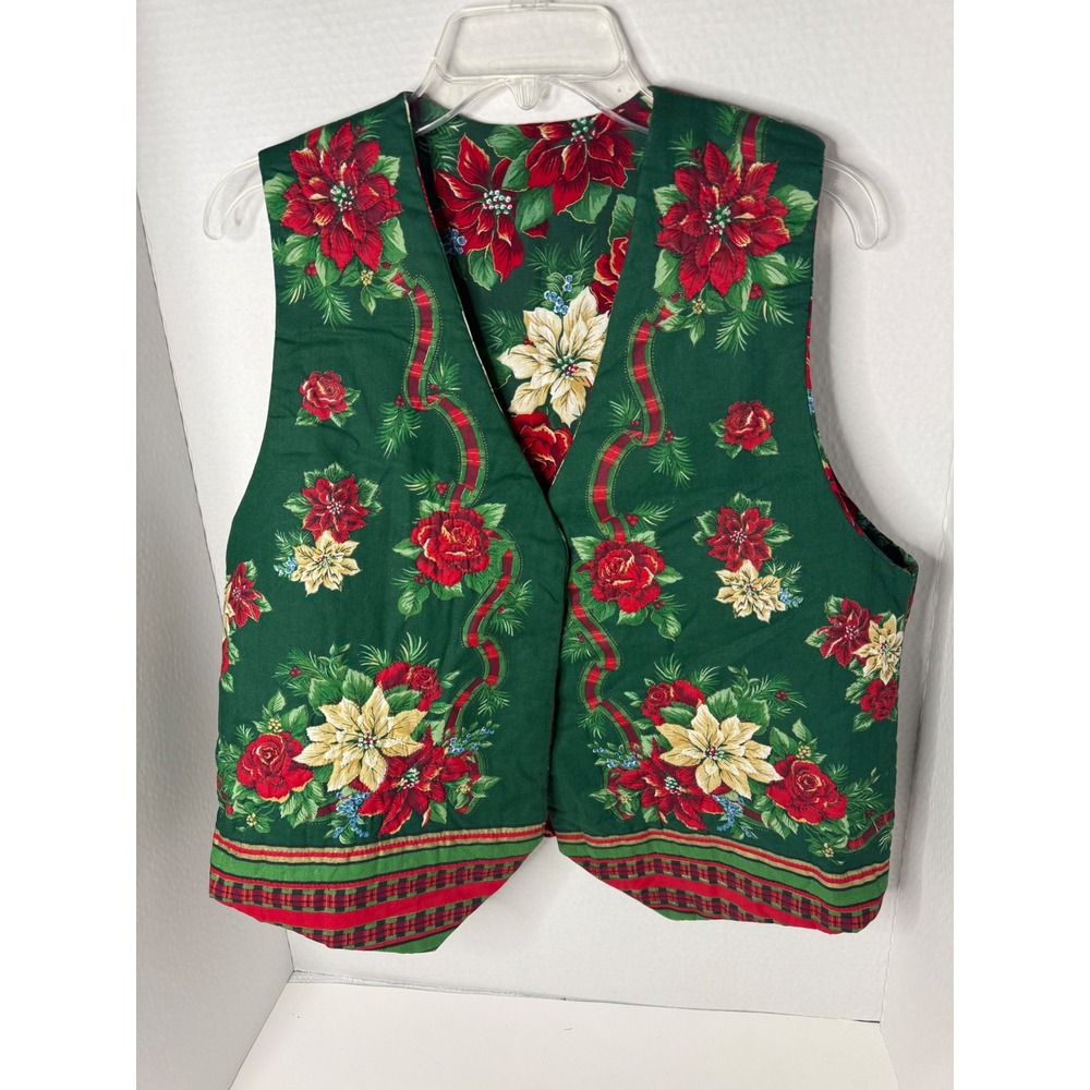 Handmade Festive Christmas Poinsettia Rose Green Reversible Holiday Vest Women